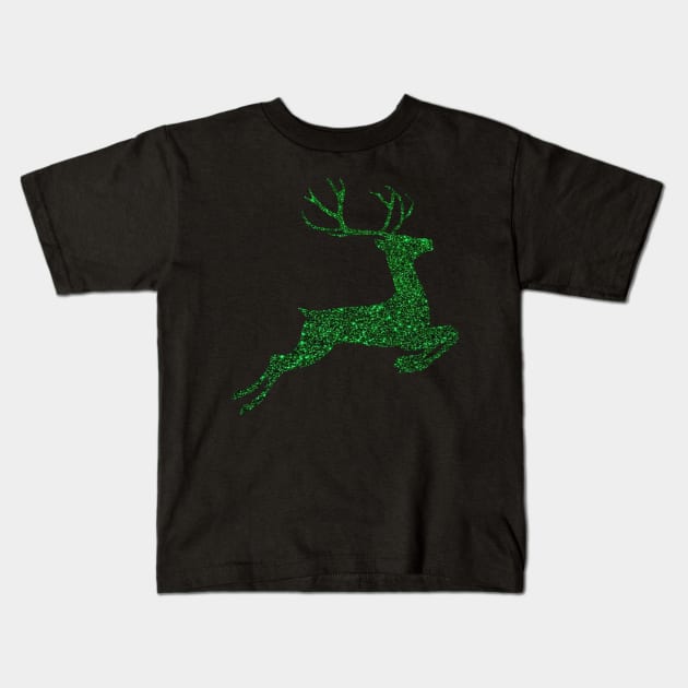 Dark Green Faux Glitter Reindeer Kids T-Shirt by Felicity-K